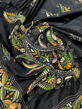 Black color Bangalori Silk Saree with Multi Color HandKantha Stitch Work - Handwoven Kantha Stitch Sarees - Kantha Saree - Kaash