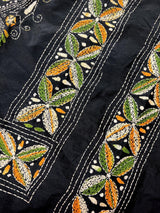 Black color Bangalori Silk Saree with Multi Color HandKantha Stitch Work - Handwoven Kantha Stitch Sarees - Kantha Saree - Kaash