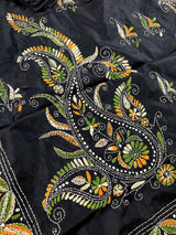 Black color Bangalori Silk Saree with Multi Color HandKantha Stitch Work - Handwoven Kantha Stitch Sarees - Kantha Saree - Kaash