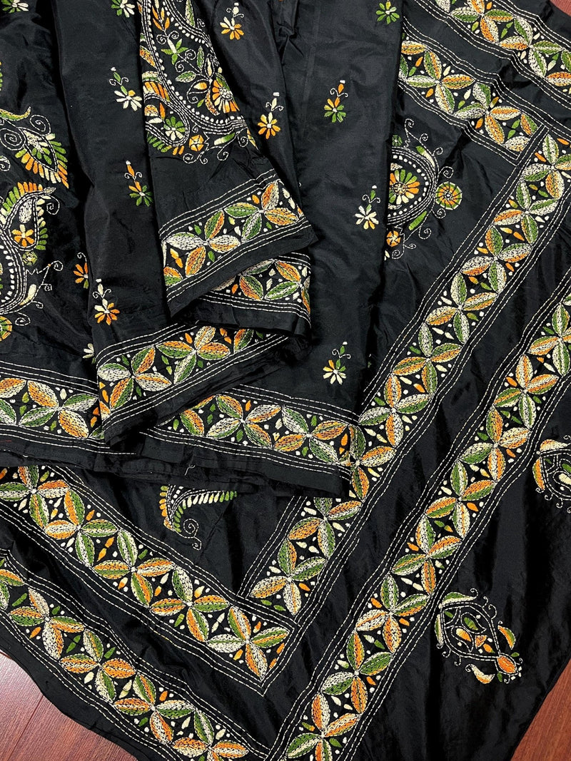 Black color Bangalori Silk Saree with Multi Color HandKantha Stitch Work - Handwoven Kantha Stitch Sarees - Kantha Saree - Kaash