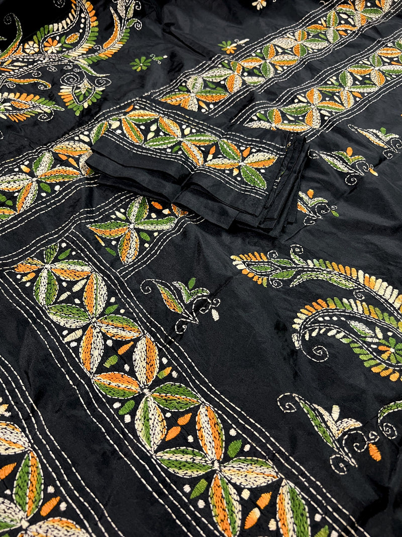Black color Bangalori Silk Saree with Multi Color HandKantha Stitch Work - Handwoven Kantha Stitch Sarees - Kantha Saree - Kaash