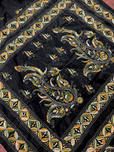 Black color Bangalori Silk Saree with Multi Color HandKantha Stitch Work - Handwoven Kantha Stitch Sarees - Kantha Saree - Kaash