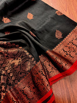 Black Color Bengal Handloom Linen Silk Saree with Red Borders and Cooper Zari Weaving - Kaash