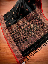 Black Color Bengal Handloom Linen Silk Saree with Red Borders and Cooper Zari Weaving - Kaash