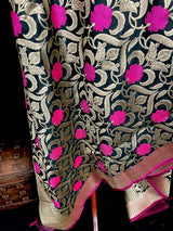 Black Color Floral Jaal Banarasi Silk Dupatta - Kaash