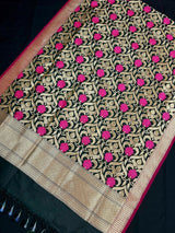Black Color Floral Jaal Banarasi Silk Dupatta - Kaash
