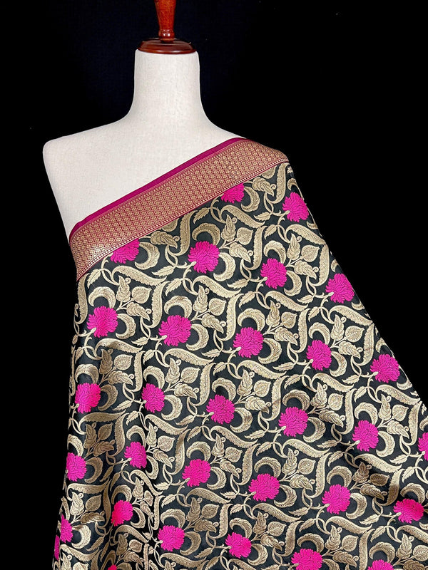 Black Color Floral Jaal Banarasi Silk Dupatta | Meenkari Hot Pink Flowers with Grand Borders | Floral Dupatta | Benarasi Dupatta - Kaash