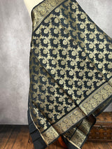 Black Banarasi Floral Jaal dupatta in banarasi silk (non-pure) with floral jaal with muted gold zari — Kaash Collection