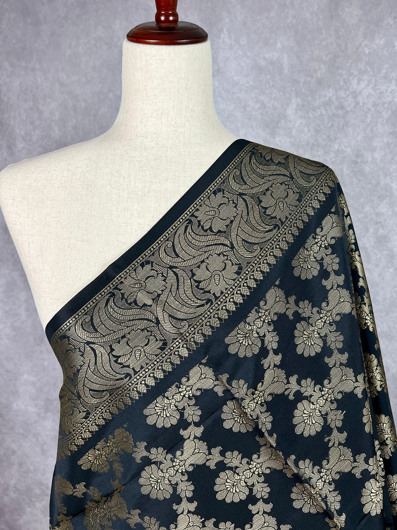 Black Color Floral Jaal Muted Gold Zari Weaved Dupatta | Floral Silk Dupatta | Zari Work | Dupatta | Stole | Scarf | Dupattas for Gifts - Kaash