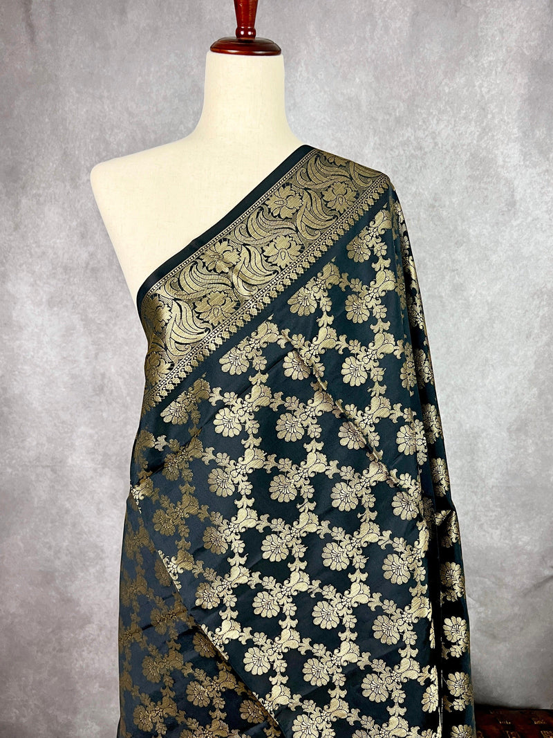Black Color Floral Jaal Muted Gold Zari Weaved Dupatta | Floral Silk Dupatta | Zari Work | Dupatta | Stole | Scarf | Dupattas for Gifts - Kaash