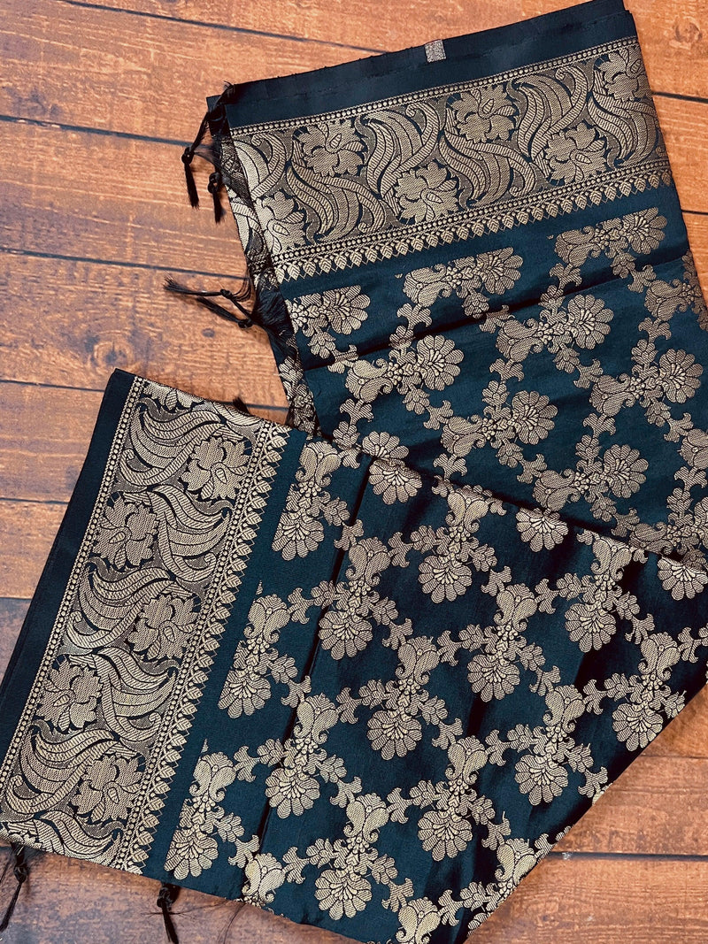 Black Color Floral Jaal Muted Gold Zari Weaved Dupatta | Floral Silk Dupatta | Zari Work | Dupatta | Stole | Scarf | Dupattas for Gifts - Kaash