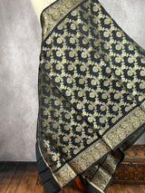 Black Color Floral Jaal Muted Gold Zari Weaved Dupatta | Floral Silk Dupatta | Zari Work | Dupatta | Stole | Scarf | Dupattas for Gifts - Kaash