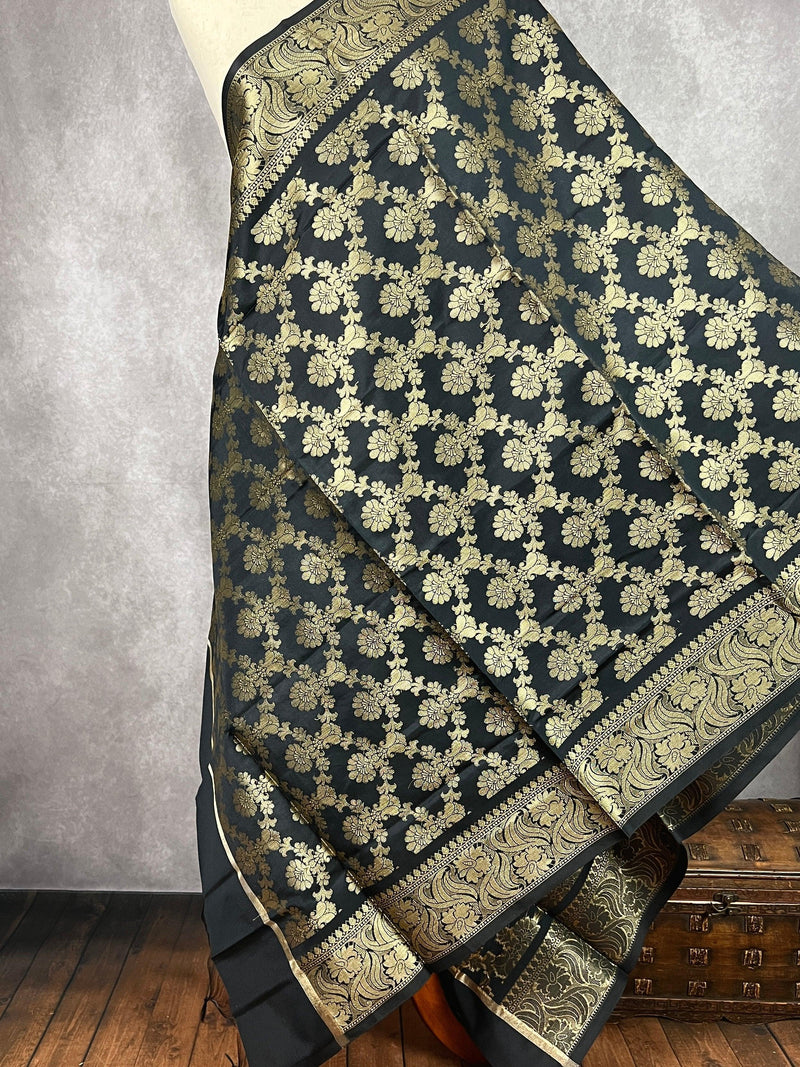 Black Color Floral Jaal Muted Gold Zari Weaved Dupatta | Floral Silk Dupatta | Zari Work | Dupatta | Stole | Scarf | Dupattas for Gifts - Kaash