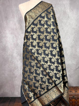 Black Color Floral Jaal Muted Gold Zari Weaved Dupatta | Floral Silk Dupatta | Zari Work | Dupatta | Stole | Scarf | Dupattas for Gifts - Kaash