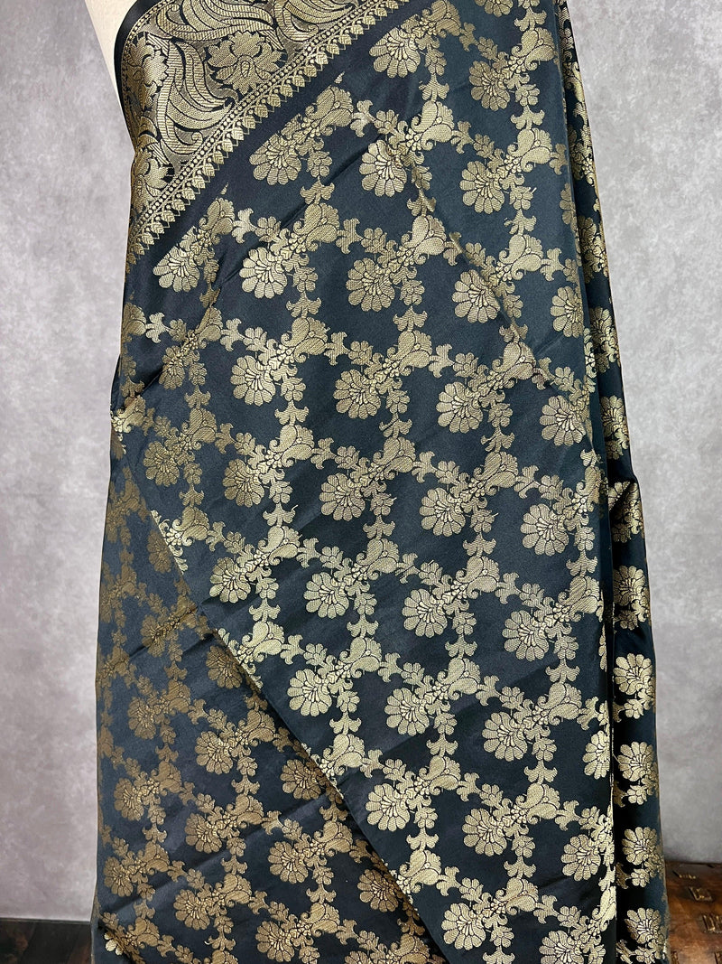 Black Color Floral Jaal Muted Gold Zari Weaved Dupatta | Floral Silk Dupatta | Zari Work | Dupatta | Stole | Scarf | Dupattas for Gifts - Kaash