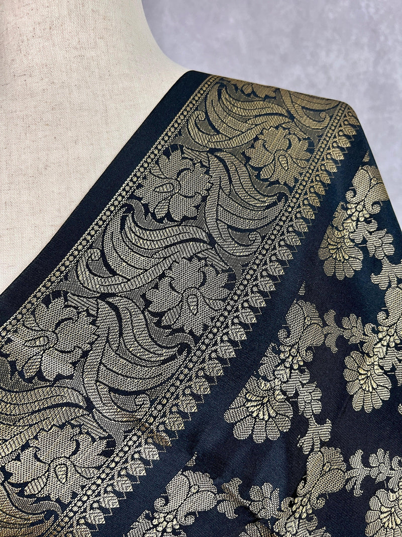 Black Color Floral Jaal Muted Gold Zari Weaved Dupatta | Floral Silk Dupatta | Zari Work | Dupatta | Stole | Scarf | Dupattas for Gifts - Kaash