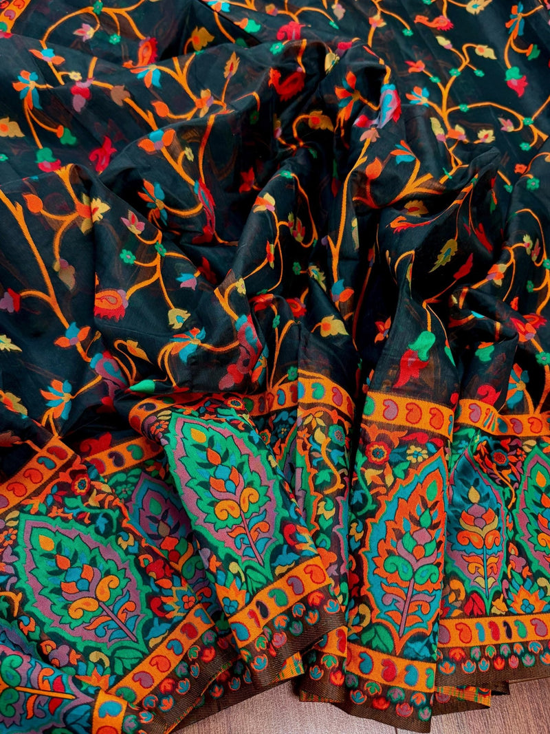 Black Color Kani Saree in Cotton Silk with Floral Jaal - Kaash