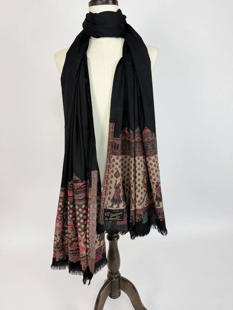 Black wool (kashmiri lohi) Kashmiri shawl with mughal-inspired motifs — Kaash Collection