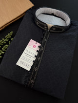Black men's kurta pajama in soft silk with self-design with cotton lining — Kaash Collection