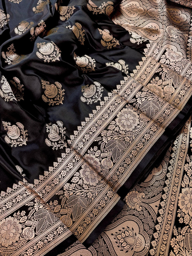 Black Color Mashru Silk Handloom Saree with Muted Gold Zari Weave | Banarasi Mashru Silk Saree | Party Wedding Wear Sarees - Kaash