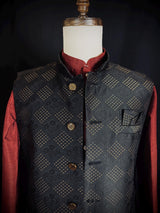 Black men's Nehru/Modi jacket in raw silk with floral weave & zari detail — Kaash Collection