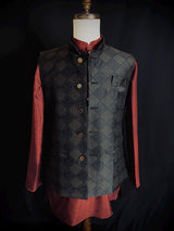Black men's Nehru/Modi jacket in raw silk with floral weave & zari detail — Kaash Collection