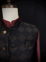 Black men's Nehru/Modi jacket in raw silk with floral weave & zari detail — Kaash Collection