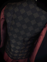Black men's Nehru/Modi jacket in raw silk with floral weave & zari detail — Kaash Collection