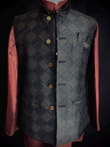Black men's Nehru/Modi jacket in raw silk with floral weave & zari detail — Kaash Collection