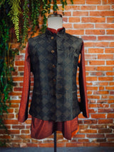 Black men's Nehru/Modi jacket in raw silk with floral weave & zari detail — Kaash Collection