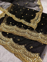 Black Net Sequin Wedding dupatta in net with gold zari, sequin & bead work on net — Kaash Collection