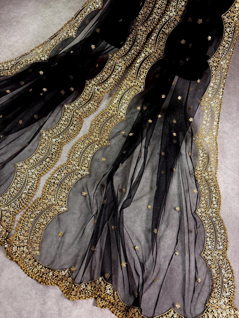 Black Net Sequin Wedding dupatta in net with gold zari, sequin & bead work on net — Kaash Collection