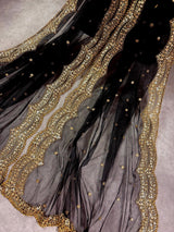 Black Net Sequin Wedding dupatta in net with gold zari, sequin & bead work on net — Kaash Collection