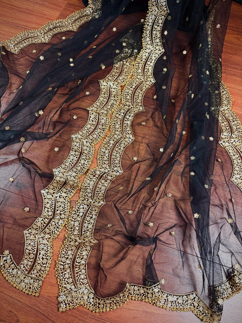 Black Net with Zari Sequin dupatta in net with zari, sequin & bead work on net — Kaash Collection