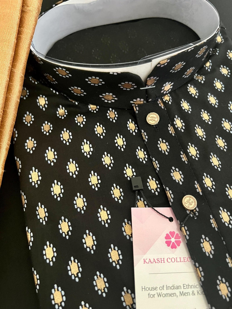 Black men's kurta pajama in pure cotton with small gold buttis on cotton — Kaash Collection