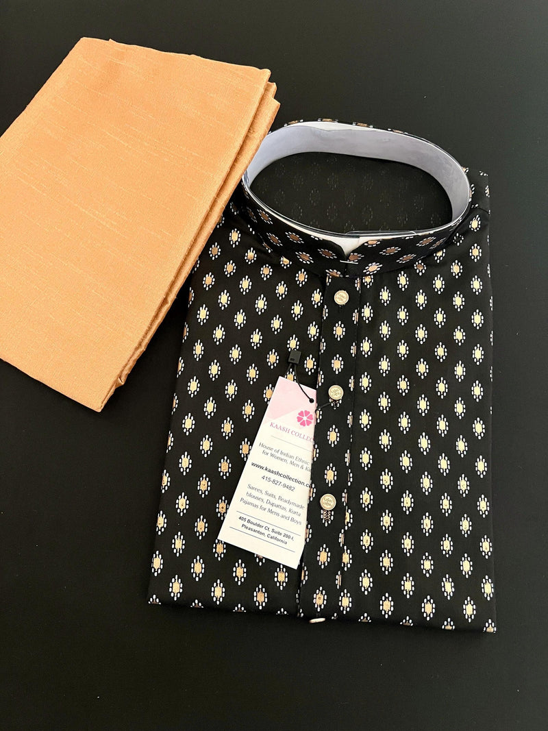 Black Color Premium Pure Cotton Mens Kurta Pajama Set with Gold Buttis | Cotton Mens Kurtas - Kaash