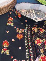 Black men's kurta pajama in soft cotton silk with sequin & colorful thread work — Kaash Collection