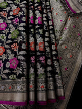 Black Banarasi Cotton saree in pure banarasi cotton with meenakari resham with floral jaal — Kaash Collection