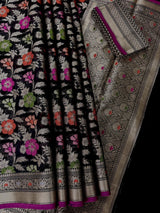 Black Banarasi Cotton saree in pure banarasi cotton with meenakari resham with floral jaal — Kaash Collection