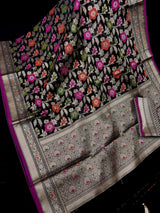 Black Banarasi Cotton saree in pure banarasi cotton with meenakari resham with floral jaal — Kaash Collection