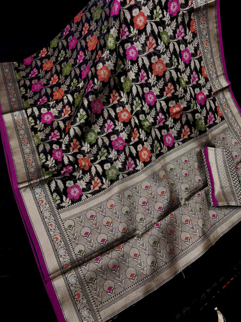 Black Banarasi Cotton saree in pure banarasi cotton with meenakari resham with floral jaal — Kaash Collection