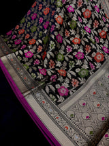 Black Banarasi Cotton saree in pure banarasi cotton with meenakari resham with floral jaal — Kaash Collection