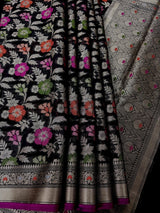 Black Banarasi Cotton saree in pure banarasi cotton with meenakari resham with floral jaal — Kaash Collection