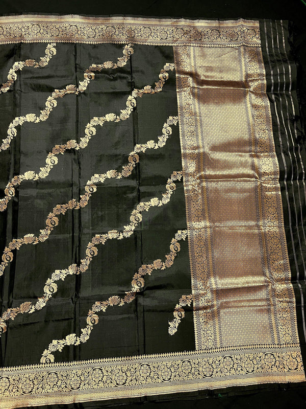 Black Color Pure Banarasi Katan Silk Dupatta with Muted Gold Zari - SILK MARK Certified - Kaash