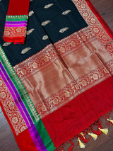 Black with Red, Purple & Green Border pure katan silk saree with satin patta border with floral pallu — Kaash Collection