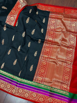 Black with Red, Purple & Green Border pure katan silk saree with satin patta border with floral pallu — Kaash Collection