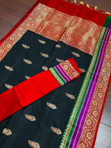 Black with Red, Purple & Green Border pure katan silk saree with satin patta border with floral pallu — Kaash Collection