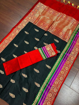 Black with Red, Purple & Green Border pure katan silk saree with satin patta border with floral pallu — Kaash Collection