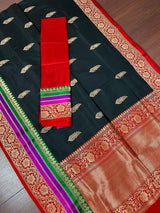 Black with Red, Purple & Green Border pure katan silk saree with satin patta border with floral pallu — Kaash Collection