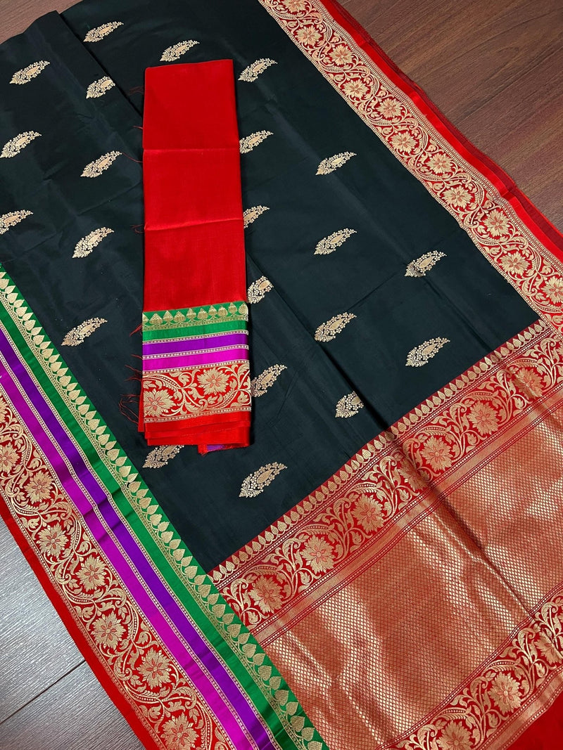 Black with Red, Purple & Green Border pure katan silk saree with satin patta border with floral pallu — Kaash Collection